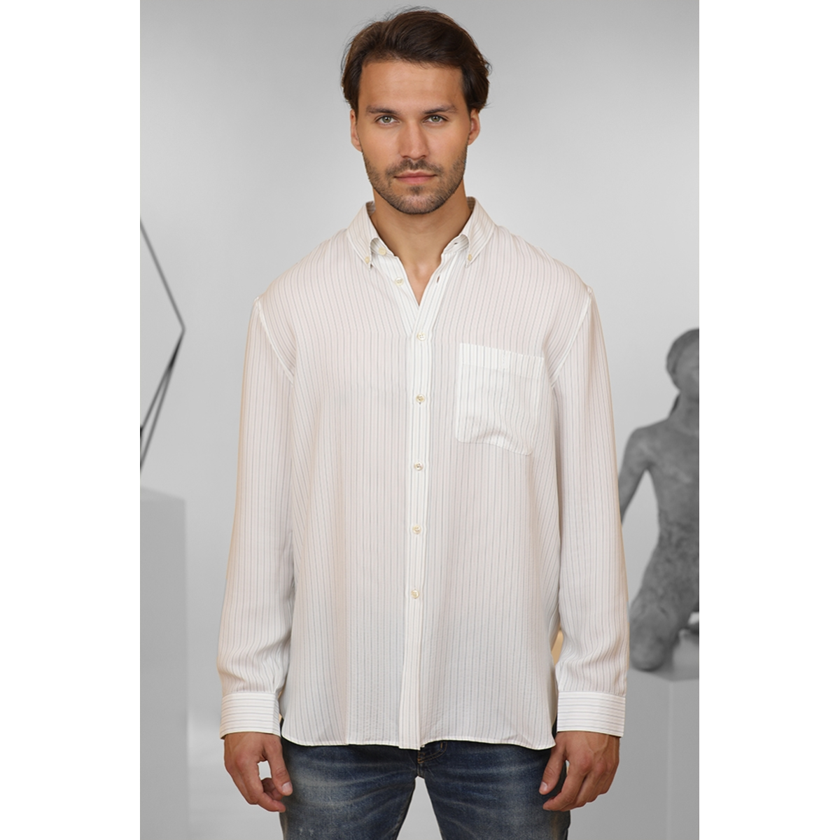 Chemise Cassandre en Satin de Soie à Rayures - Beige - SAINT LAURENT