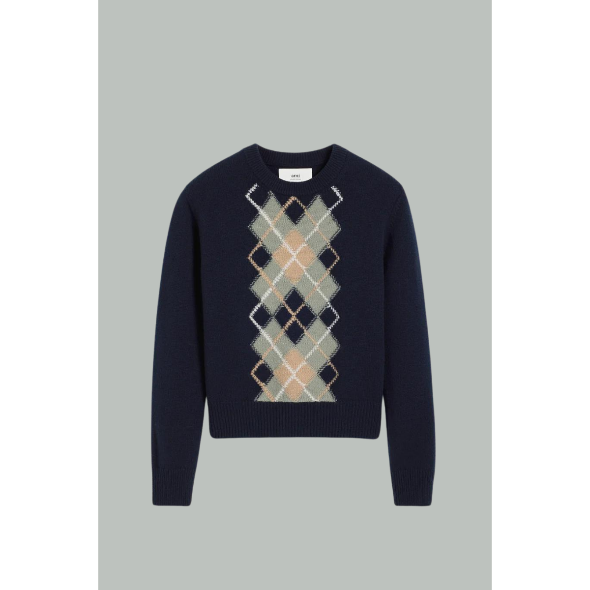 Pull col rond Argyle - Bleu Marine / Vert / Nude - AMI PARIS