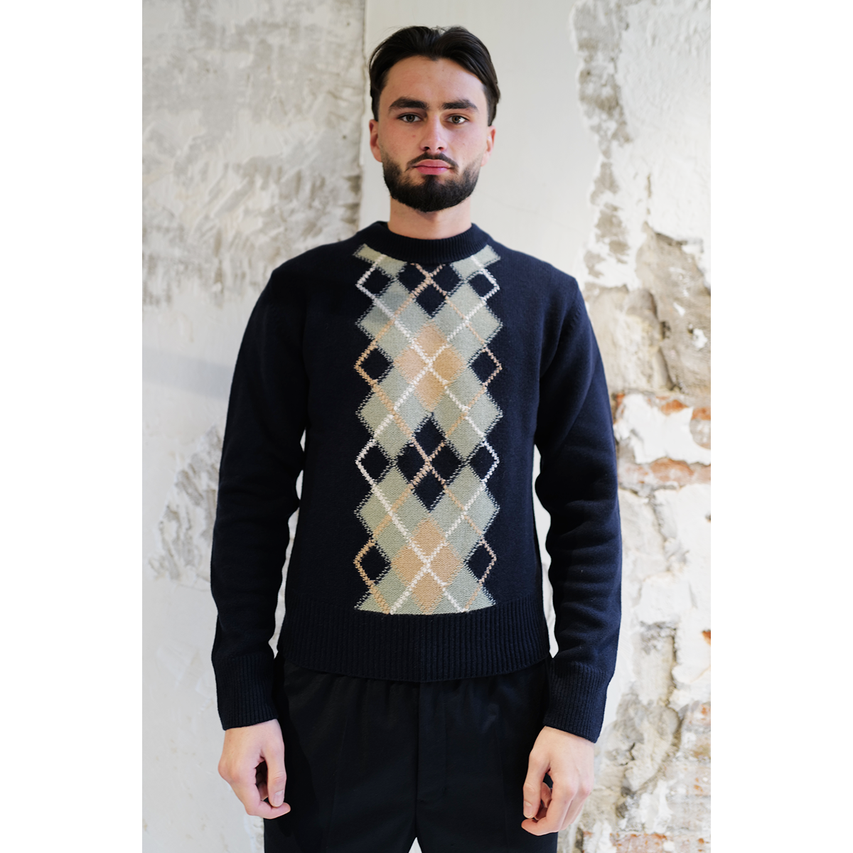 Pull col rond Argyle - Bleu Marine / Vert / Nude - AMI PARIS