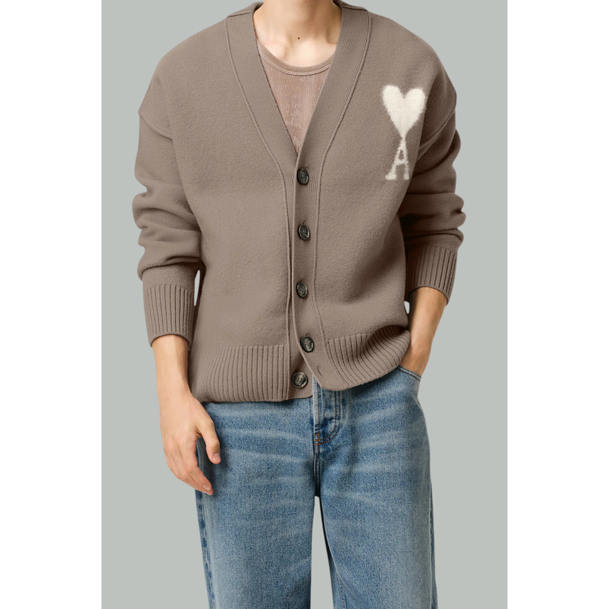 Taupe cardigan with Ami of heart in wool – Ash – AMI PARIS