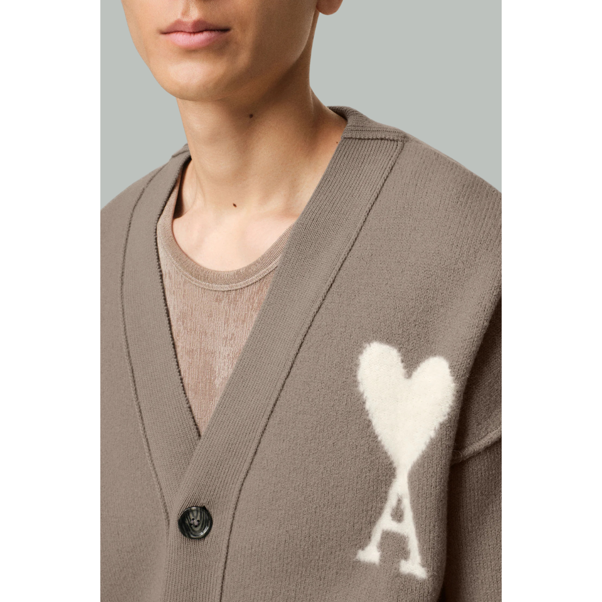 Taupe cardigan with Ami of heart in wool – Ash – AMI PARIS