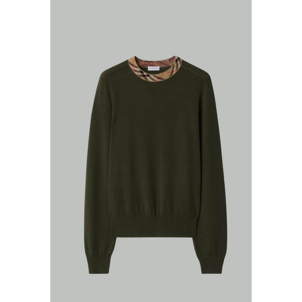 Pull en laine avec Check - Kaki - BURBERRY