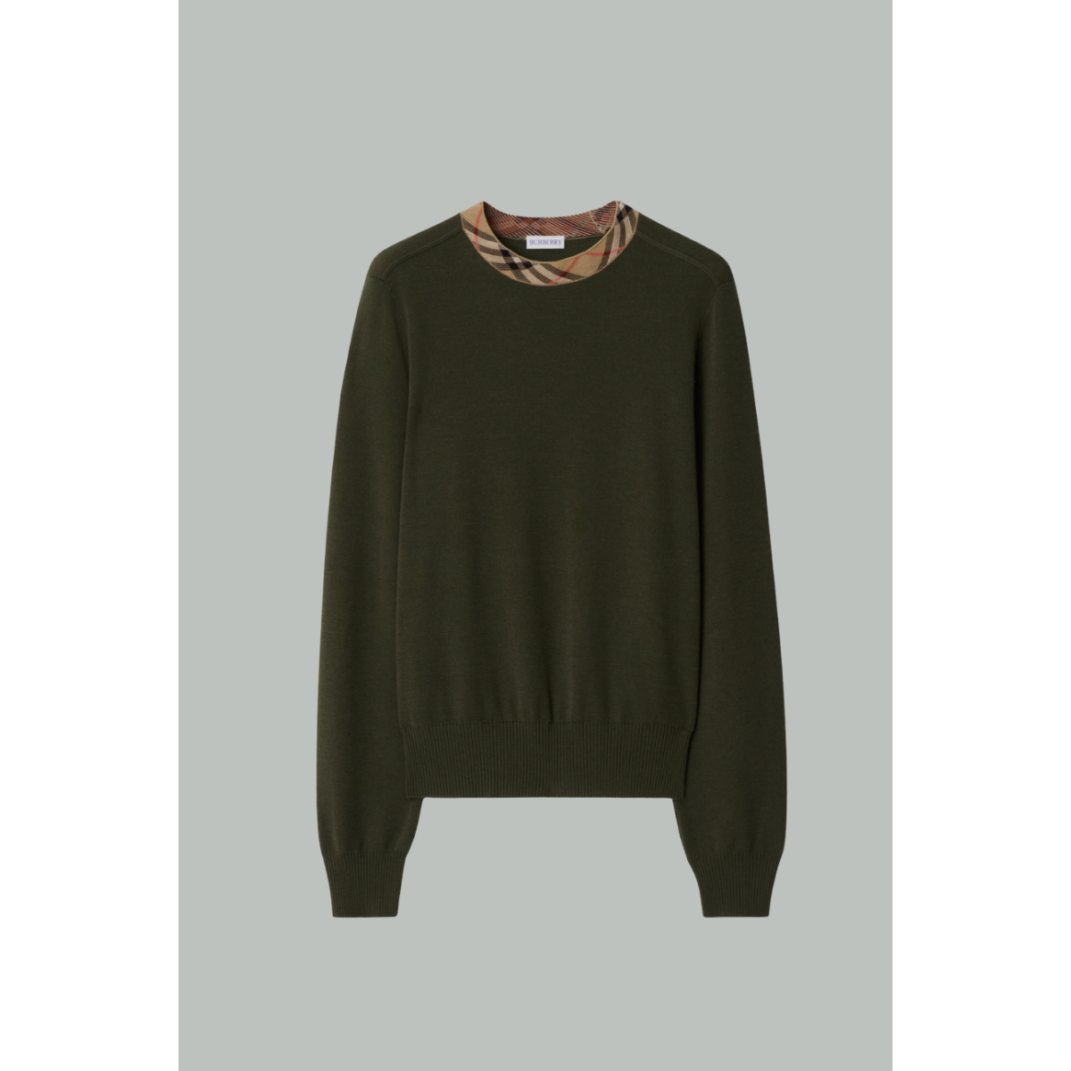 Wool Sweater with Check - Khaki - BURBERRY