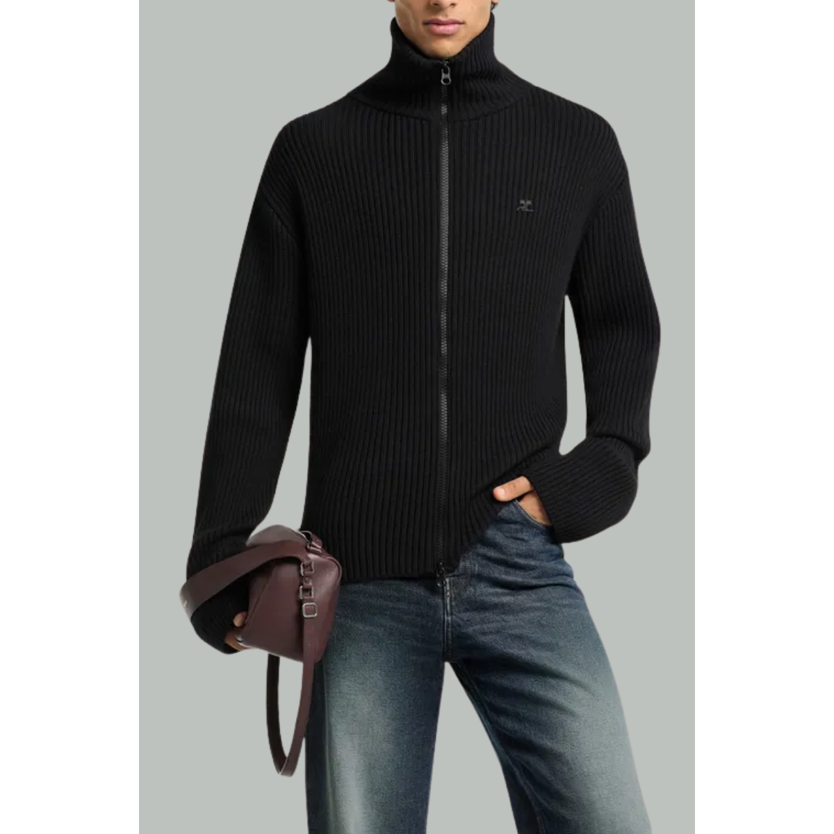 Pull Zippé En Maille Côtelée - Noir - COURRÈGES