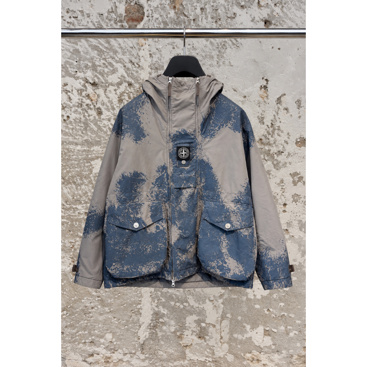 Short Padded Parka with Hand-Painted Finish - Grey/Blue - STONE ISLAND