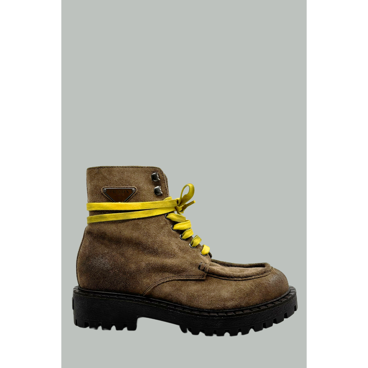 Distressed Suede Calfskin Lace-Up Ankle Boots - Brown - PRADA