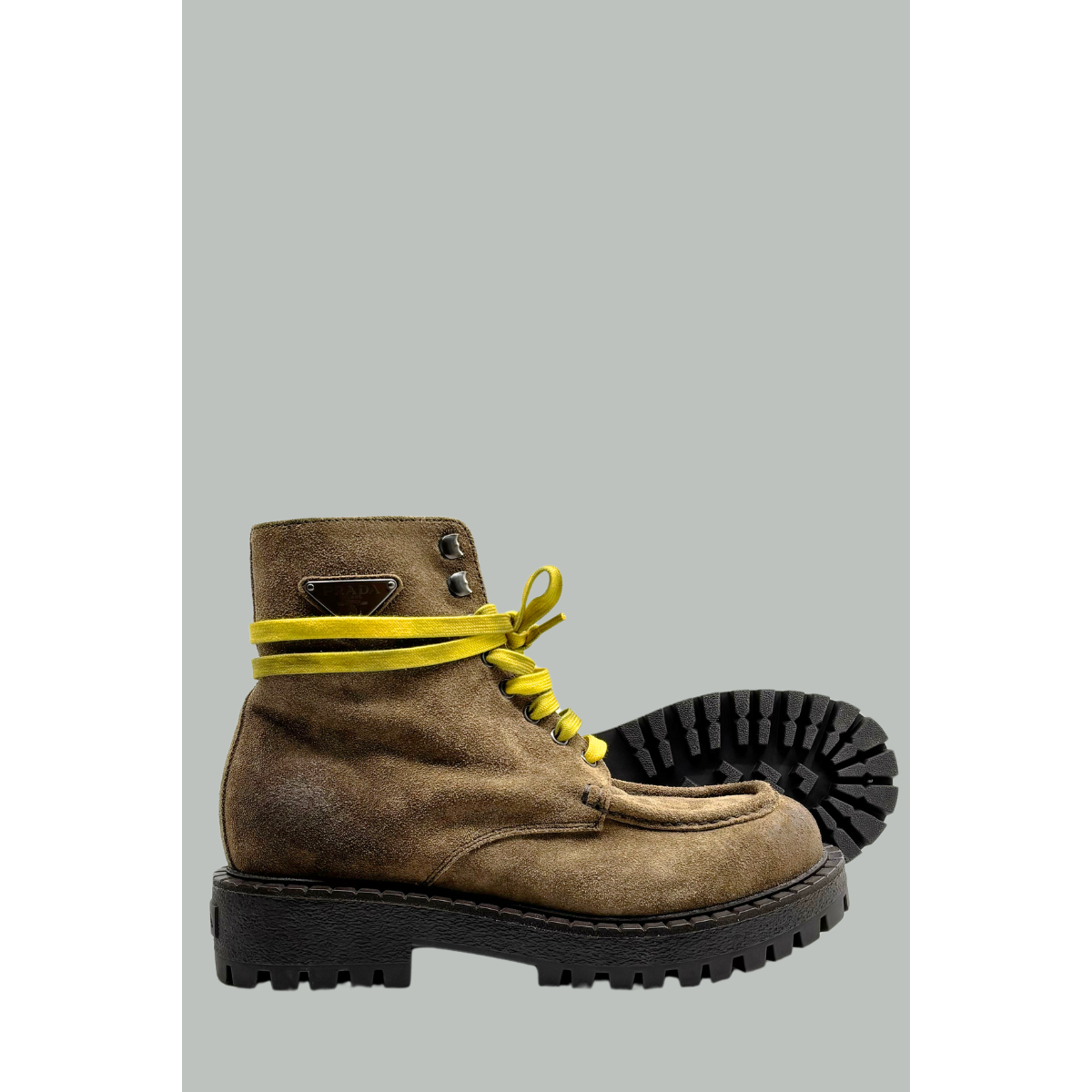 Distressed Suede Calfskin Lace-Up Ankle Boots - Brown - PRADA