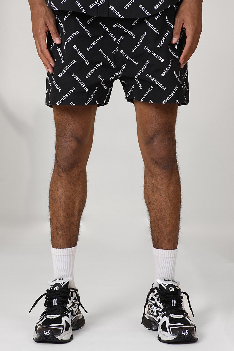 Poplin shorts with logo print all - Black / White - BALENCIAGA