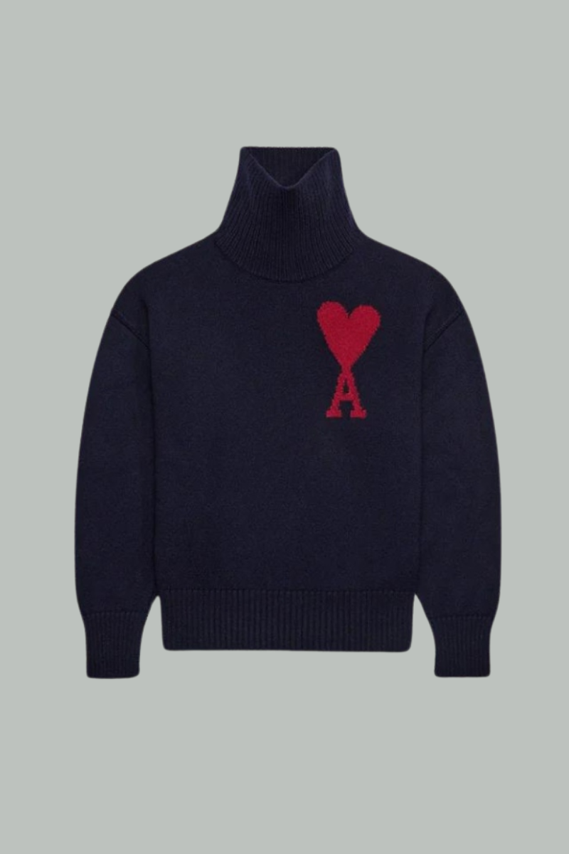 ★★AMI PARIS★★ Red Heart Logo Merino Wool Knit Night Blue Red Ami of Heart Sweater - Navy blue - AMI PARIS